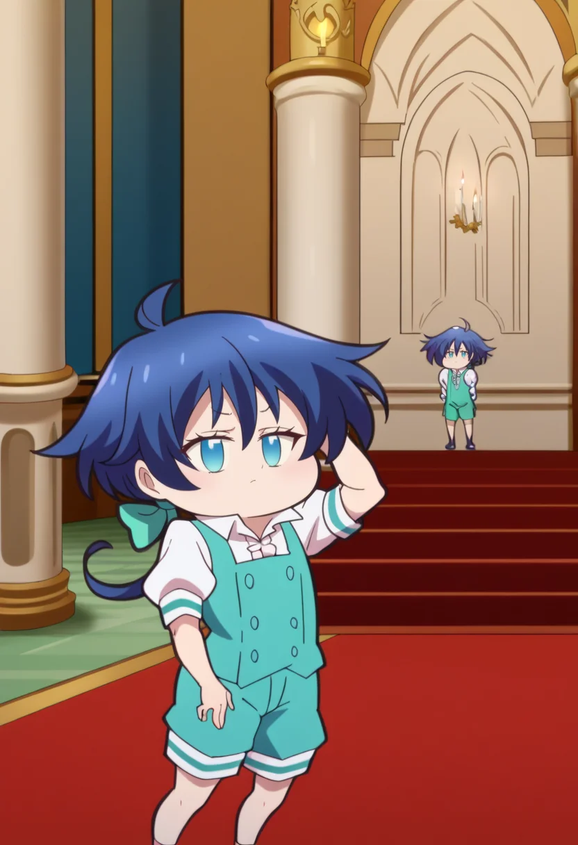 score_9, score_8_up, score_7_up, source_anime BREAK looking at viewer, solo, 1girl, cowboy shot,
<lora:LloydDwnstyPdxl:1>, lloyd_def, blue eyes, blue hair, short hair, low ponytail, hair between eyes, hair bow, shorts, puffy short sleeves, ahoge, collared shirt, vest,
indoors, castle, red carpet, candlestand, candlelight, pillar, bored, annoyed, scratching head,
<lora:7thprinceChibiDwnsty:1>, chibi, 7thprincechibi, no humans, no pupils, jitome,