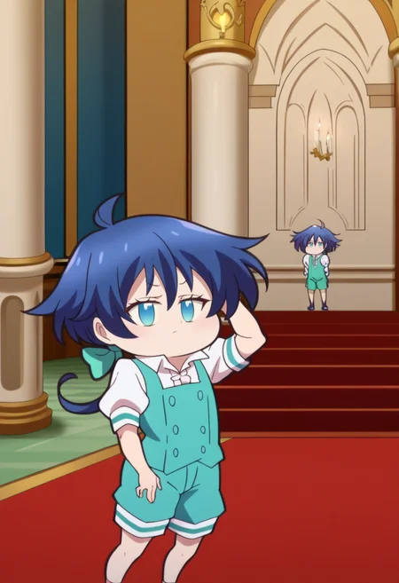 score_9, score_8_up, score_7_up, source_anime BREAK looking at viewer, solo, 1girl, cowboy shot,
<lora:LloydDwnstyPdxl:1>, lloyd_def, blue eyes, blue hair, short hair, low ponytail, hair between eyes, hair bow, shorts, puffy short sleeves, ahoge, collared shirt, vest,
indoors, castle, red carpet, candlestand, candlelight, pillar, bored, annoyed, scratching head,
<lora:7thprinceChibiDwnsty:1>, chibi, 7thprincechibi, no humans, no pupils, jitome,