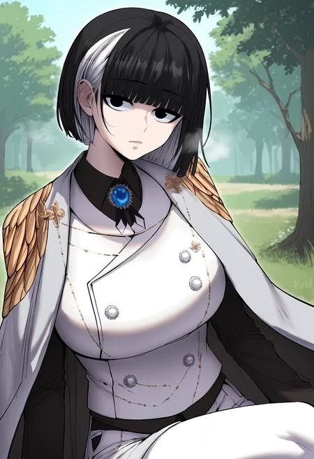 score_9, score_8_up, score_7_up, score_6_up, source_anime, rating_explicit, 1girl, (solo:1.2), huge breasts, <lora:Siaponyxl:1> black eyes, black hair, short hair, blunt bangs, multicolored hair, bob cut, white hair, streaked hair, white cape, brooch, gem, epaulettes, white vest, black shirt, long sleeves, collared shirt, buttons, short shorts, white shorts, white pantyhose, expressionless, Narrow shoulders, heavy breathing, steaming body, forest, outdoors, looking at viewer, close-up, (jumping:1.1), leg up, hand up