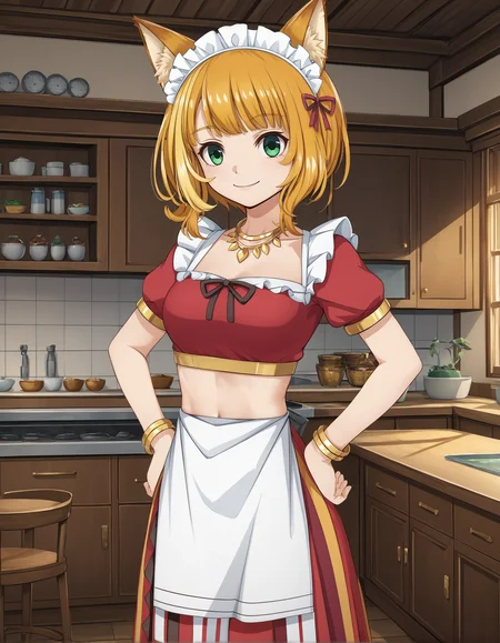 score_9, score_8_up, source_anime, 1girl, upper body, medium shot, detailed, mgrckonomiharuna, knmnyr, blonde hair, short hair, green eyes, fake fox ears, maid headdress, gold necklace, red top, red bowtie, gold bracelets, white apron, red striped long skirt, hands on hips, indoors, light smile, (side view:0.6), <lora:mgrckonomiharuna_XL:1>