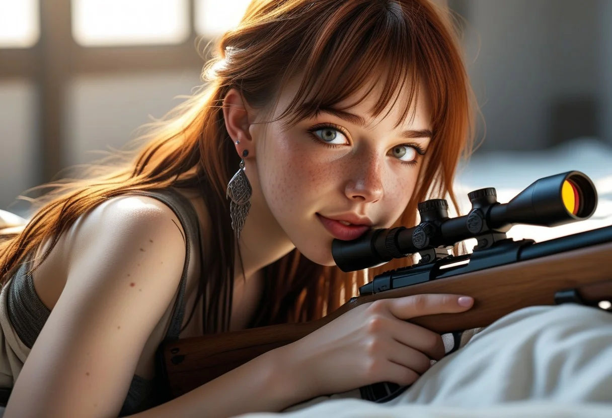 colorfull photograph, 24 year old girl Y4SM1N3, sexy busty girl, adorable, freckles, cleavage, earrings, knotted shirt, skirt, lying back on mattress, hold a gun