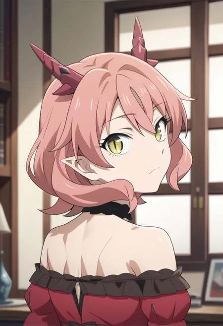 score_9,score_8_up,score_7_up,source_anime,FAFNIR_GUILDMELAG_LINDA_BLAIR_HANAKO,1girl,solo,looking at viewer,closed mouth,bare shoulders,upper body,choker,indoors,looking back,portrait,slit pupils,
