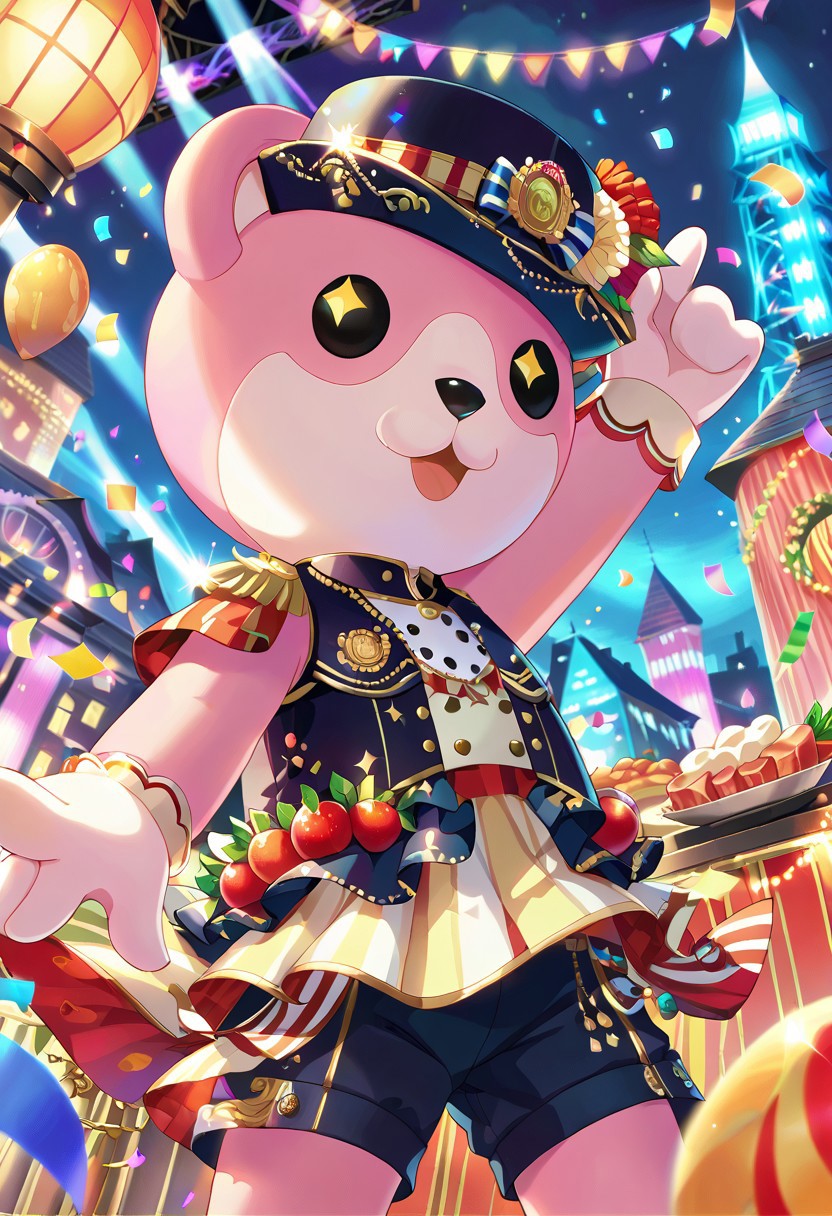 score_9, score_8, score_7, source_anime, michelle (bang dream!), skirt, day, shorts, stage lights, food, building, confetti, arm up, night, black headwear