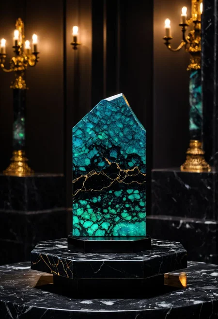 Fujifilm XT3, Sony A7 IV, (award winning photography) a (black: 0.89) marble hand made of opal (Kintsugi: 0.89) set on a pedestal in temple, glistening. in the background beautiful pillars, divine (iridescent: 0.79), opalescent textures, volumetric light, ethereal, sparkling, studio photo, highly detailed, sharp focus (highest quality: 1.39) (highest coherency: 1.39) (award winning photography), highly detailed photography, (muted colors, cinematic, dim colors, soothing tones:1.2), vibrant, insanely detailed, hyperdetailed, (dark shot:1.2), (vsco:0.3), (intricate details:0.9), (hdr, hyperdetailed:1.2) (vignette), sss, raw photo, fijifilm, kodak, cinematic film grain