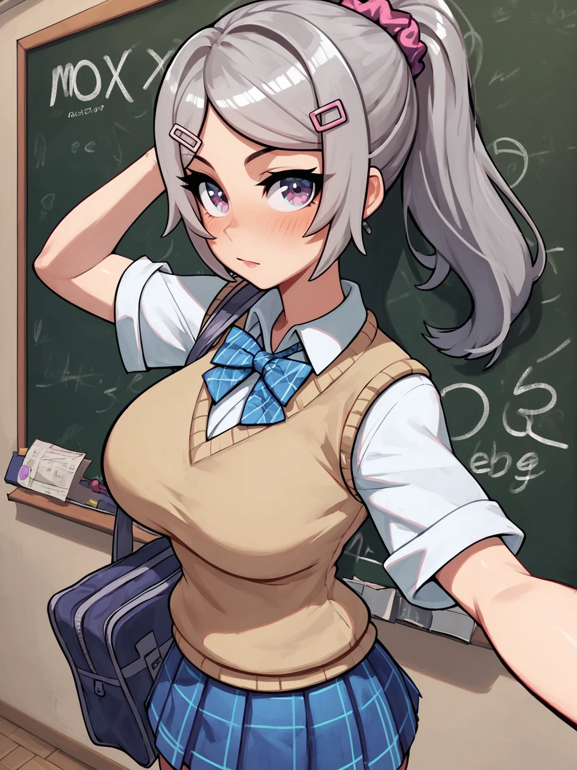 score_9, score_8_up, score_7_up, score_6_up, score_5_up, max detail, 4k wallpaper, masterpiece, best quality, absurdres, highres, dynamic angle, dynamic pose, source_anime,
(thick outline, black outline:1.1),
1girl, solo, skirt, breasts, blush, school uniform, bag, looking at viewer, shirt, large breasts, hair ornament, white shirt, plaid skirt, plaid, long hair, indoors, bangs, purple eyes, sweater vest, scrunchie, grey hair, pleated skirt, short sleeves, blue eyes, closed mouth, ponytail, collared shirt, chalkboard, hairclip, blue skirt, school bag, vest, cowboy shot, standing, thighs, bow, hair scrunchie
<lora:ThickOutline:0.8>