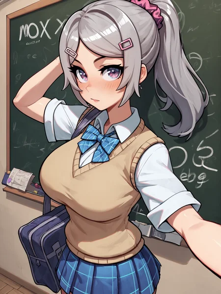 score_9, score_8_up, score_7_up, score_6_up, score_5_up, max detail, 4k wallpaper, masterpiece, best quality, absurdres, highres, dynamic angle, dynamic pose, source_anime,
(thick outline, black outline:1.1),
1girl, solo, skirt, breasts, blush, school uniform, bag, looking at viewer, shirt, large breasts, hair ornament, white shirt, plaid skirt, plaid, long hair, indoors, bangs, purple eyes, sweater vest, scrunchie, grey hair, pleated skirt, short sleeves, blue eyes, closed mouth, ponytail, collared shirt, chalkboard, hairclip, blue skirt, school bag, vest, cowboy shot, standing, thighs, bow, hair scrunchie
<lora:ThickOutline:0.8>