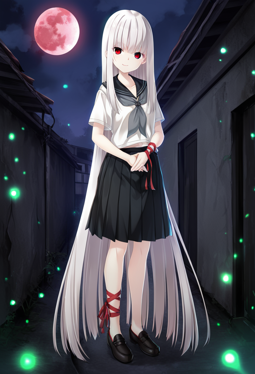 masterpiece,best quality,amazing quality,absurdres,aesthetic,newest,
kagome \(haison\), 1girl, solo, 
head tilt, looking at viewer, closed mouth, white hair, absurdly long hair, straight hair, blunt bangs, sidelocks, 
red eyes,evil smile,standing on ground,own_hands_together, 
albino, collarbone, medium breasts, fingers, black sailor collar, grey neckerchief, white serafuku, short sleeves, midriff peek, black pleated skirt,single red wrist ribbon,single red ankle ribbon, gold jingle bells,loafers, full body, front view,
abandoned village,traditional japanese village,alley,fog,dark,horror_\(theme\), cloudy_sky, black_cloud,red moon,fireflies,
 <lora:kagome_noob_vpred10_v11:0.85>