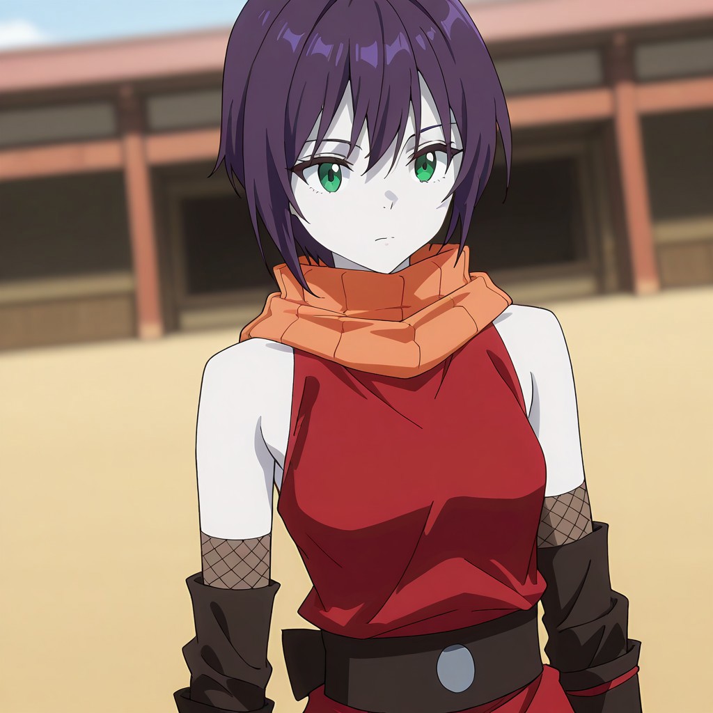 (best_quality, detailed, masterpiece, very_aesthetic, absurdres), general, m.q \(mqkyrie\), (zuharu:0.5)
BREAK
1girl, small breasts, white skin, upper_body, adult, dynamic angle, blurry background
BREAK
souka_cnr, 1girl,short hair, green eyes, purple hair,bare shoulders, ninja, red japanese clothes,elbow gloves, boots, orange scarf