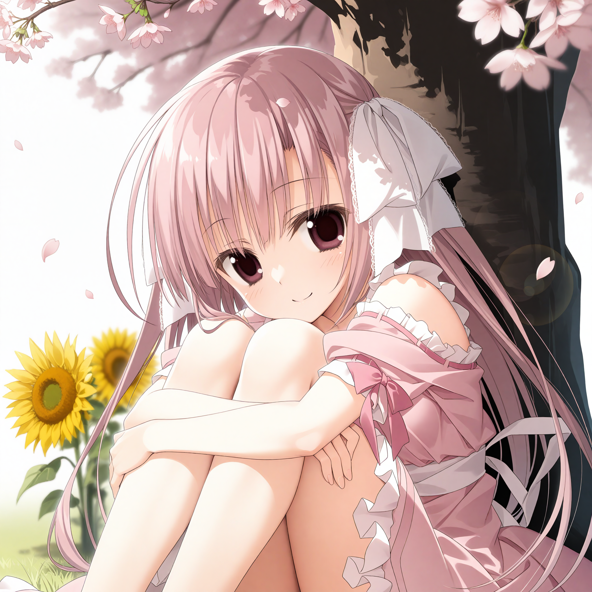 <lora:Sakura_no_Toki_art_n16c16_nai_Loha:1.5>,Sakura no Toki art,
<lora:Natsusaki_Yomi_1_nai:0.6>,Natsusaki Yomi,hair ribbon,white ribbon,pink dress,frilled dress,white frills,frills,off-shoulder dress,white straps,frilled straps,detached sleeves,short sleeves,pink sleeves,sleeve bow,waist ribbon,pink ribbon,
1girl,solo,smile,looking at viewer,front view,hugging own legs,sitting,on ground,cherry blossoms,falling petals,under tree,sunflower,simple background,depth of field,lens_flare,
