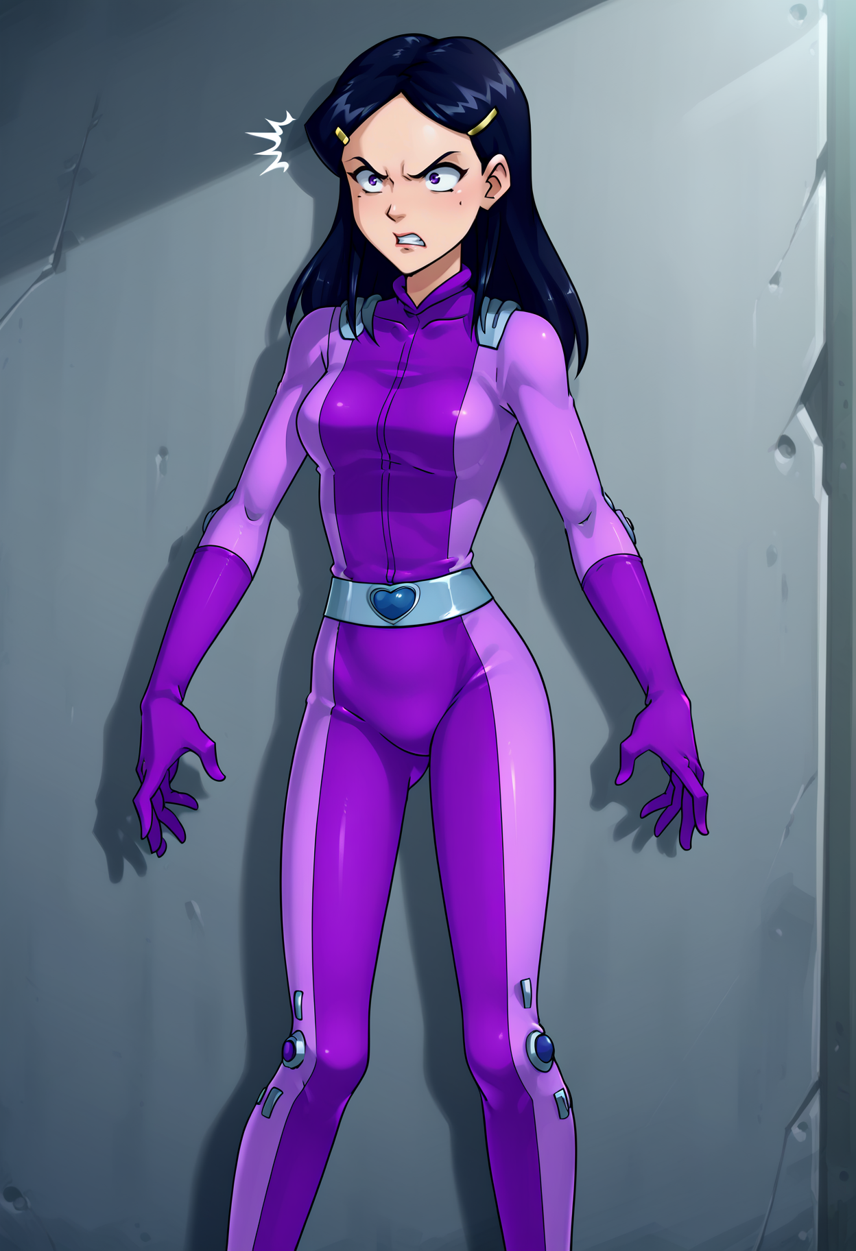score_9, score_8_up, score_7_up, BREAK source_anime, 1girl, solo, mandy \(totally spies\), long hair, black hair, purple eyes, hairpin, purple bodysuit, belt, determined, perspective, slums <lora:hskc-mandy-pony-v0.5-000008:1>