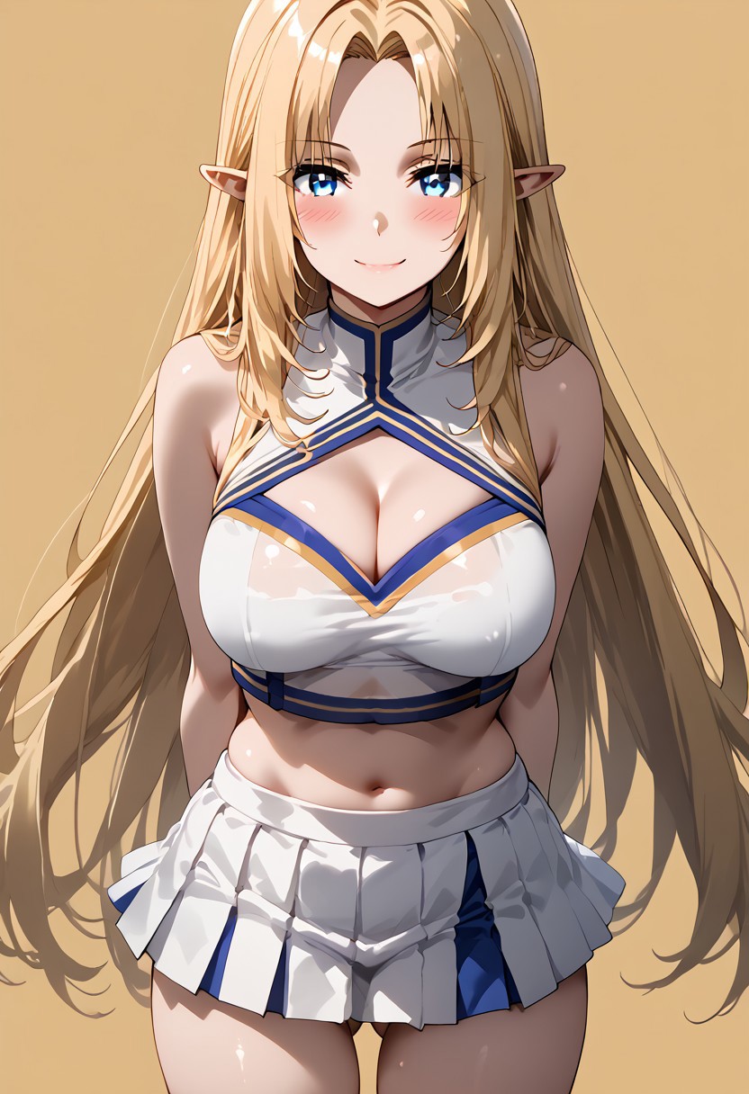 score_9, score_8_up, score_7_up, source_anime, 1girl, solo, megami magazine, alpha, kage no jitsuryokusha ni naritakute!, alpha \(kage no jitsuryokusha ni naritakute!\), blue eyes, tsurime, eyelashes, blonde hair, long hair, straight hair, parted bangs, curtained bangs, sidelocks, elf, thick thighs, large breasts, cheerleader, sleeveless, crop top, crop top overhang, skirt, miniskirt, pleated skirt, white shirt, white skirt, bare legs, cleavage, ass visible through thighs, thigh gap, cowboy shot, arms behind back, looking at viewer, simple background, yellow background, blush, seductive smile , Expressiveh