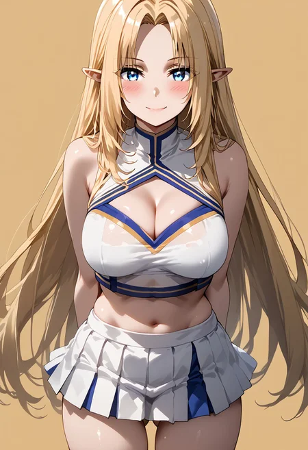 score_9, score_8_up, score_7_up, source_anime, 1girl, solo, megami magazine, alpha, kage no jitsuryokusha ni naritakute!, alpha \(kage no jitsuryokusha ni naritakute!\), blue eyes, tsurime, eyelashes, blonde hair, long hair, straight hair, parted bangs, curtained bangs, sidelocks, elf, thick thighs, large breasts, cheerleader, sleeveless, crop top, crop top overhang, skirt, miniskirt, pleated skirt, white shirt, white skirt, bare legs, cleavage, ass visible through thighs, thigh gap, cowboy shot, arms behind back, looking at viewer, simple background, yellow background, blush, seductive smile , Expressiveh