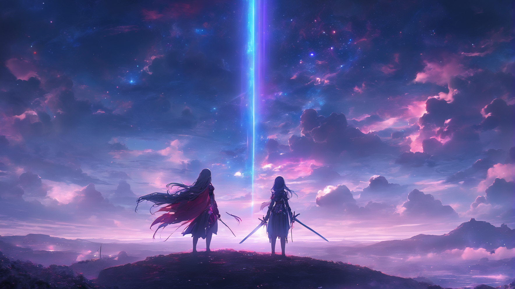 masterpiece, best quality, light particle, depth of field, , field, scenery, fantasy, , red light, blue light, far away, no humans, pastel colors, chromatic aberration abuse, dark, cloudy sky, space, blue aura, aura, cinematic, dark atmosphere, day, dark hole, glowing eyes, purple light, illumination, cliff,  sword,