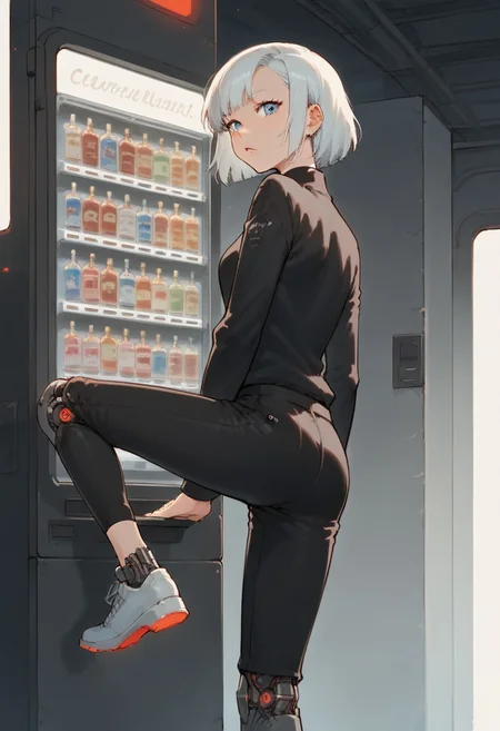 <lora:jihankiKickPony:0.7> jihanki kick, jihanki, vending machine, motion blur, 1girl, high quality, detailed eyes, anime, score_9,score_8_up,score_7_up, source_anime, anime,white hair,blue eyes,leg up,pants,back angle,
BREAK
robot, futuristic design, metallic shine, intricate detailing, sharp edges, mechanical joints, high-tech, cybernetic structure, industrial aesthetic, reflective metal surfaces, chrome finish, exposed circuits, LED lights, mechanical arms, robotic legs, complex gears, artificial intelligence, sleek design, advanced technology, high-resolution, precision engineering, robotic humanoid, industrial setting, cyberpunk atmosphere, polished metal, glowing accents, mechanical textures, hydraulic mechanisms, modern robotics, futuristic machinery, clean lines, technical complexity, industrial realism, sharp focus, cinematic lighting, advanced robotics.