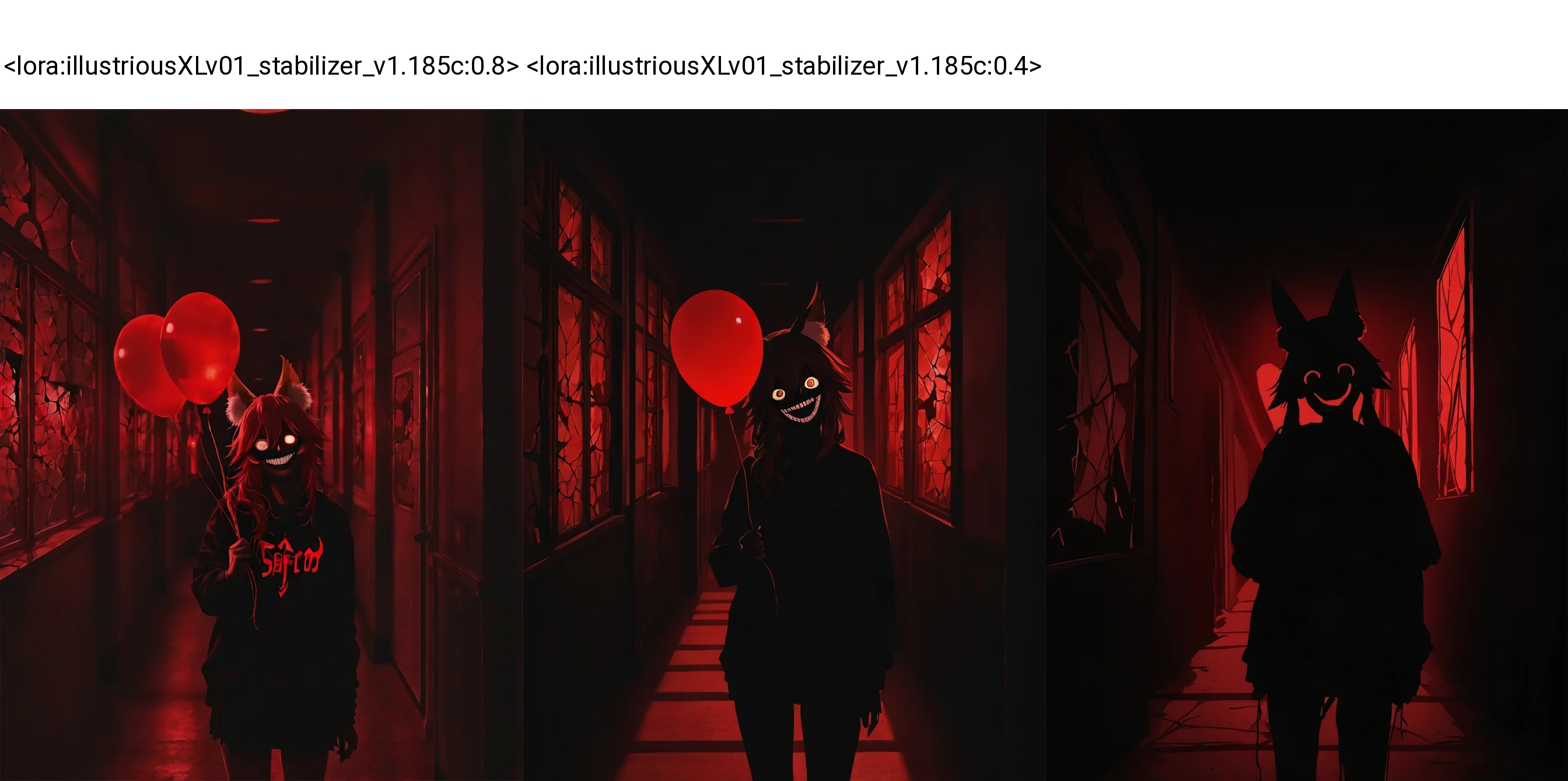 <lora:illustriousXLv01_stabilizer_v1.185c:0.8>1girl,tamamo \(fate\),holding balloon,cowboy shot,glowing eyes,creepy face,very dark room,shadow,head tilt,hallway,night,broken window,masterpiece,red light,