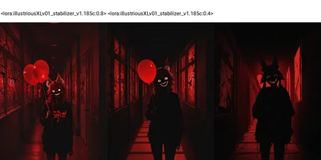 <lora:illustriousXLv01_stabilizer_v1.185c:0.8>1girl,tamamo \(fate\),holding balloon,cowboy shot,glowing eyes,creepy face,very dark room,shadow,head tilt,hallway,night,broken window,masterpiece,red light,