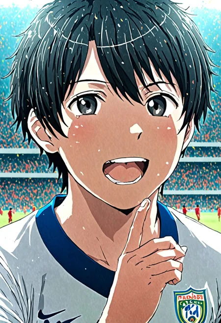 high resolution, solo, best quality, 1Boy, Inaho Kaizuka, Black Hair, soccer player, field, portrait, sport photography, celebration, OverallDetail