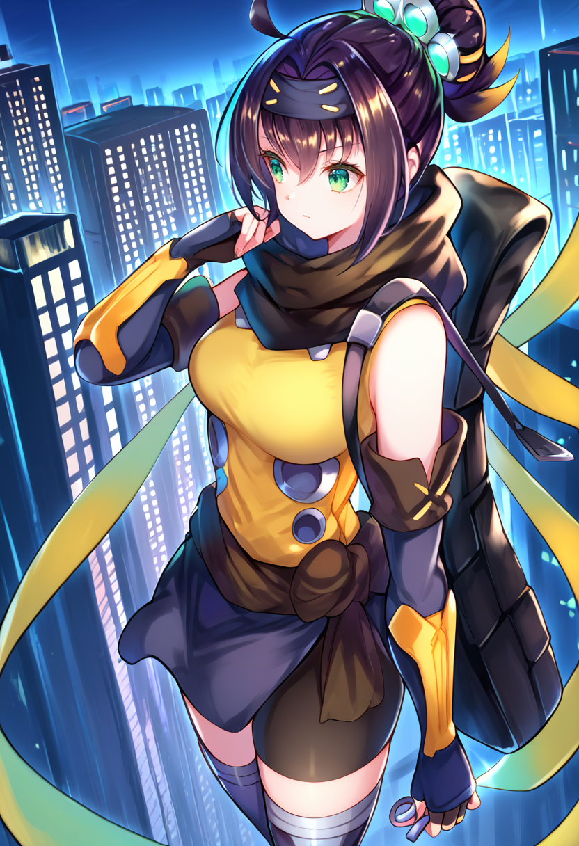 (score_9:0.9),score_8_up,score_7_up,anime style,rating_safe,(zPDXL),<lora:Sp little knight ponyXL v2:0.87>,Sp little knight,yellow clothes,black forehead protector,black fingerless elbow gloves,yellow thigh boots,silver hair ornament,1girl,solo,standing,holding,night,closed mouth,medium breasts,cityscape,hands on own hip,