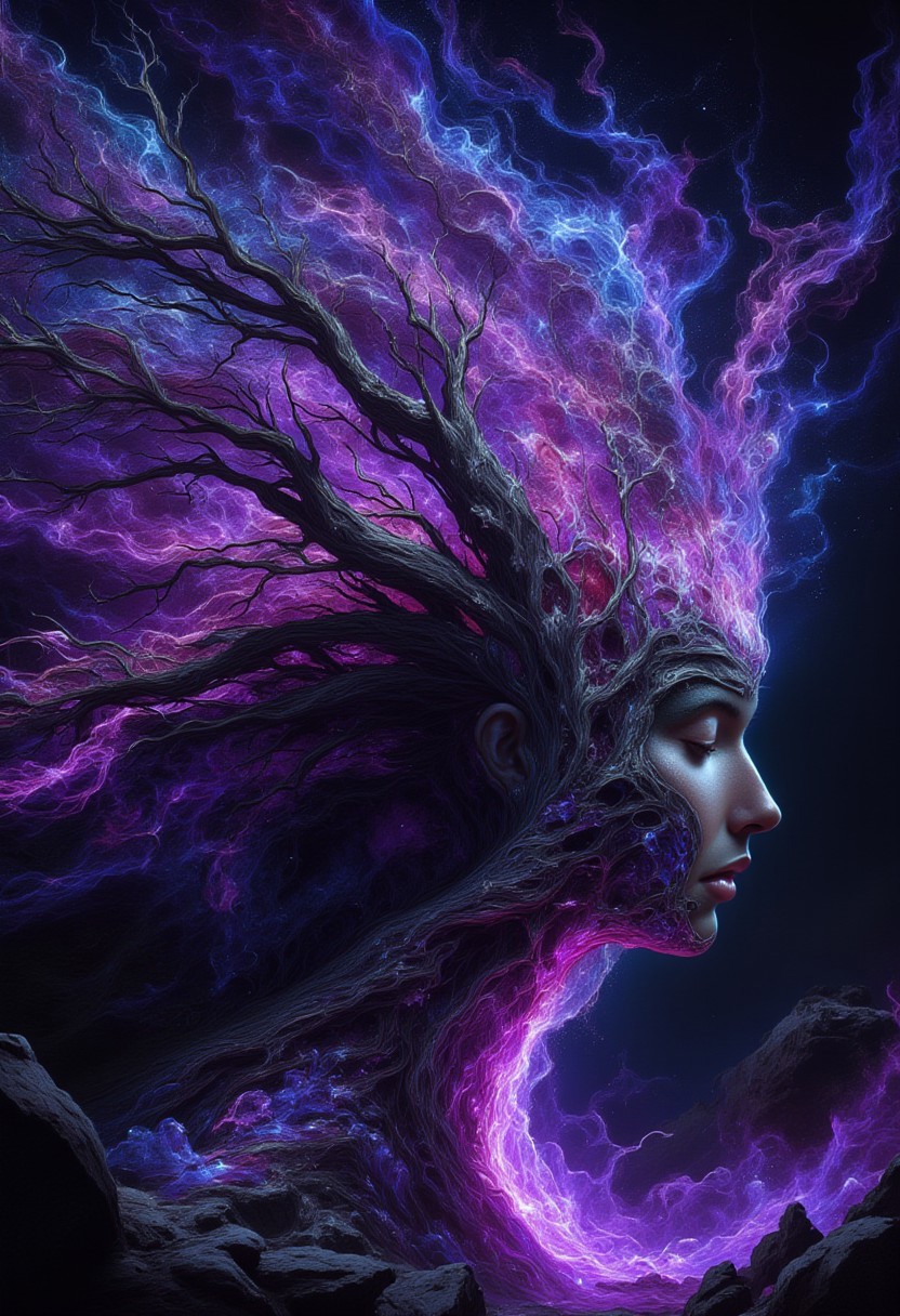 A highly surreal, full-color tight portrait, where the woman’s head emerges from an ancient, petrified tree, her form blending seamlessly into its bark. The deep purple and black of the wood crack open to reveal glowing violet roots, pulsing with soft, luminescent energy, stretching across her shoulders and disappearing into the dry earth.
The wind pulls at the edges of her form, causing tiny glowing shards of bark to peel away and float into the sky, where they dissolve into swirling violet galaxies and nebulas. Her hair is already gone—replaced by flowing streams of stardust, lifting into the atmosphere. Her expression remains calm, as if she is surrendering to the transformation, letting the wind carry her into the stars.