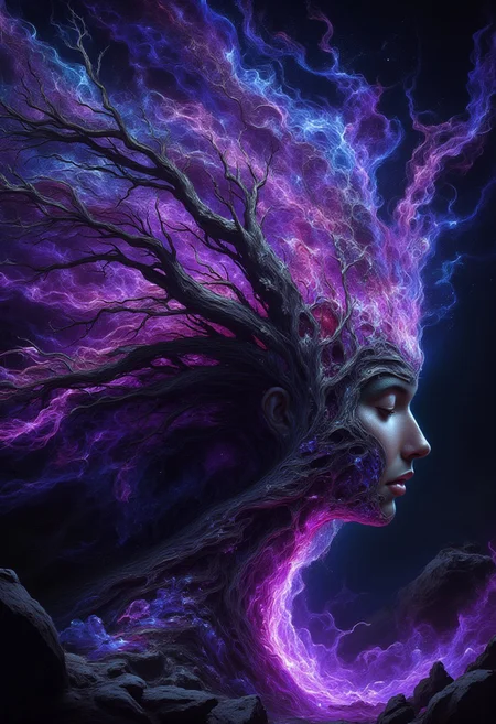 A highly surreal, full-color tight portrait, where the woman’s head emerges from an ancient, petrified tree, her form blending seamlessly into its bark. The deep purple and black of the wood crack open to reveal glowing violet roots, pulsing with soft, luminescent energy, stretching across her shoulders and disappearing into the dry earth.
The wind pulls at the edges of her form, causing tiny glowing shards of bark to peel away and float into the sky, where they dissolve into swirling violet galaxies and nebulas. Her hair is already gone—replaced by flowing streams of stardust, lifting into the atmosphere. Her expression remains calm, as if she is surrendering to the transformation, letting the wind carry her into the stars.