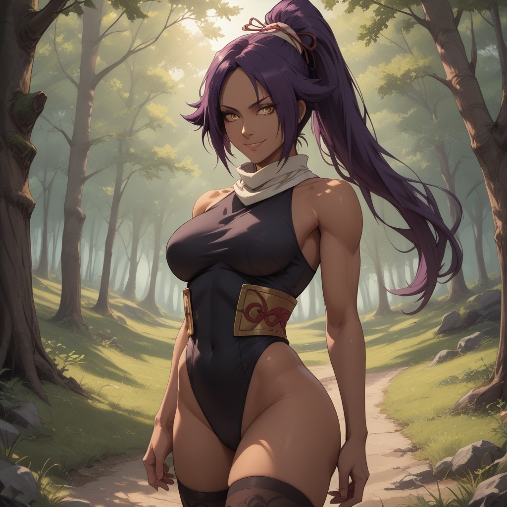 score_9, score_8, BREAK, solo, shihouin yoruichi, 1girl, golden eyes, long hair, purple hair, bangs, ponytail, black leotard, black thighhighs, large breasts, masterpiece, bleach, sexy pose, self portrait, smile, outdoors, sunlight, shadows, evening lighting, natural lighting, forest, trees, grass, orange sky, sunset