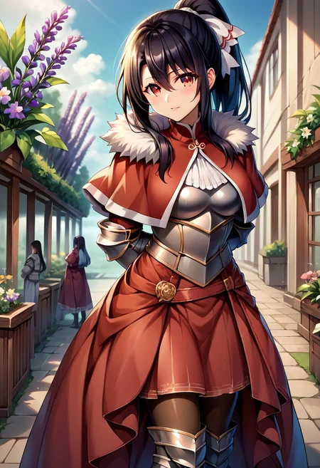 score_9, score_8_up, score_7_up, score_6_up, score_5_up, score_4_up, detailed, intricate details, source_anime, , (best quality) , (highly detailed) ,((masterpiece)), ((best quality)), (ultra-detailed), ((extremely detailed)), (high resolution), 4K, (8K), best quality, (beautiful), (dynamic lighting), (super detailed skin), sharp focus, (1_girl, solo focus), score_9,score_8_up,score_7_up,anime coloring BREAK source_anime,anime, theresia (hortensia saga),  long hair, hair between eyes, black hair, red eyes, sidelocks,  , ponytail, hair ribbon, white ribbon, cuirras, armored boots, puffy sleeves, fur-trimmed cape, Fur-trimmed armor, pantyhose, red capelet, fur collar, gauntlets, greaves, armored dress, turtleneck, , red skirt,    (leaning forward, arms behind back), cowboy shot, garden, wisteria, outdoors, looking at viewer,
 detailed eyes、detailed face and detailed skin <lora:add-detail-xl:1.0>, by by hiroyama_hirosh
