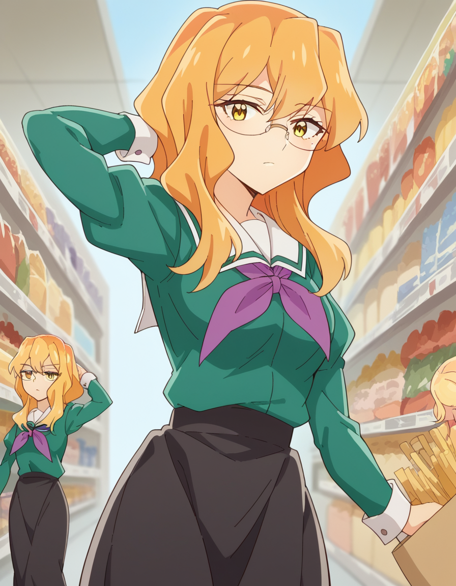 score_9, score_8_up, score_7_up, source_anime, <lora:sumika-chibana-s1-ponyxl-lora-nochekaiser:1>, sumika chibana, long hair, blonde hair, yellow eyes, glasses,, skirt, long sleeves, school uniform, puffy sleeves, serafuku, purple neckerchief, green shirt, black skirt, long skirt,, market stall, goods, people, shopping, vendor, , hand behind head, , looking at viewer, solo,, dutch angle, cowboy shot