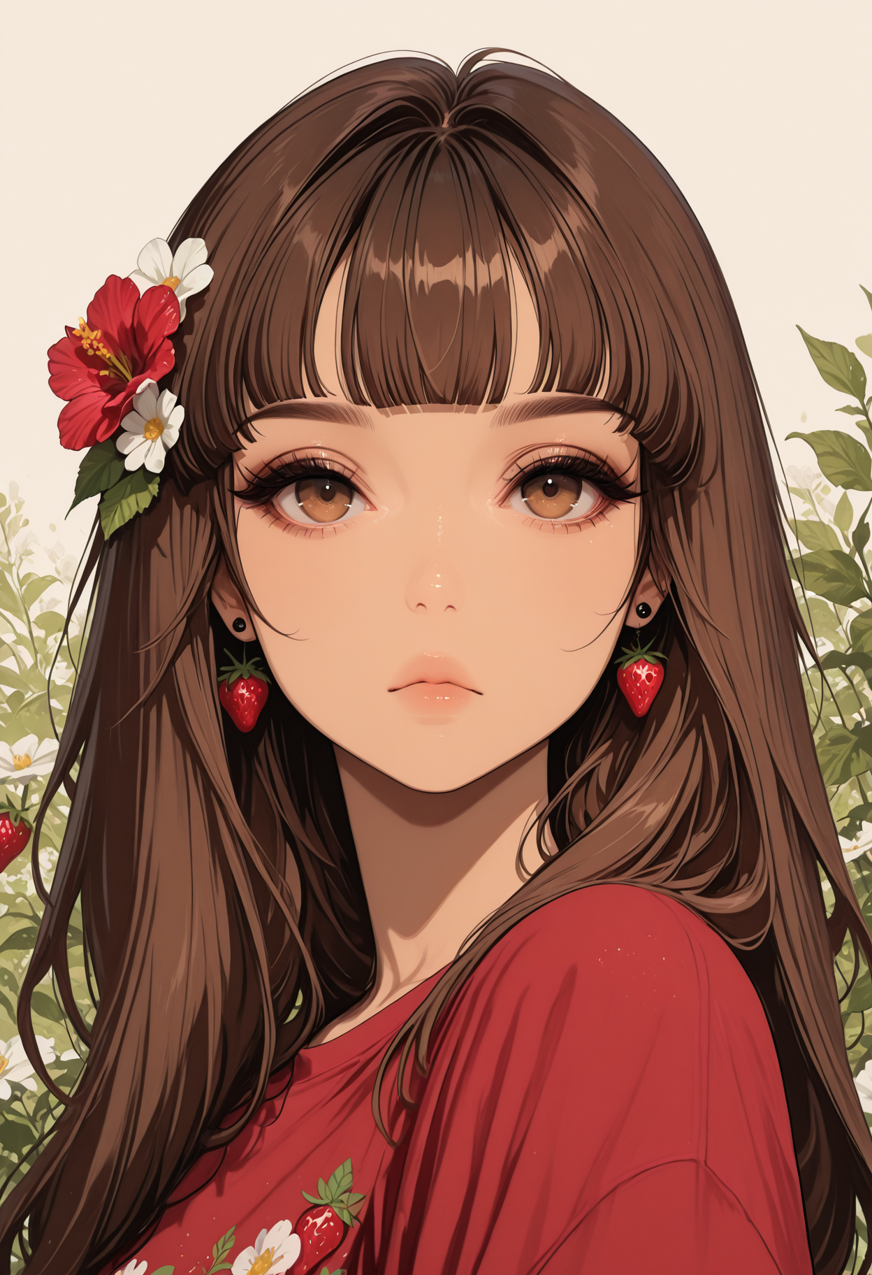 adult,
1woman,
masterpiece, newest,absurdres,incredibly absurdres, best quality, amazing quality, very aesthetic, (solo:1.2),
 solo, long hair, looking at viewer, shirt, brown hair, hair ornament, closed mouth, jewelry, upper body, flower, earrings, food, blunt bangs, hair flower, brown eyes, fruit, expressionless, leaf, piercing, red shirt, white flower, portrait, ear piercing, red flower, print shirt, strawberry \(fruit\), strawberry slice, limited palette,
<lora:Glam Girl2:1>