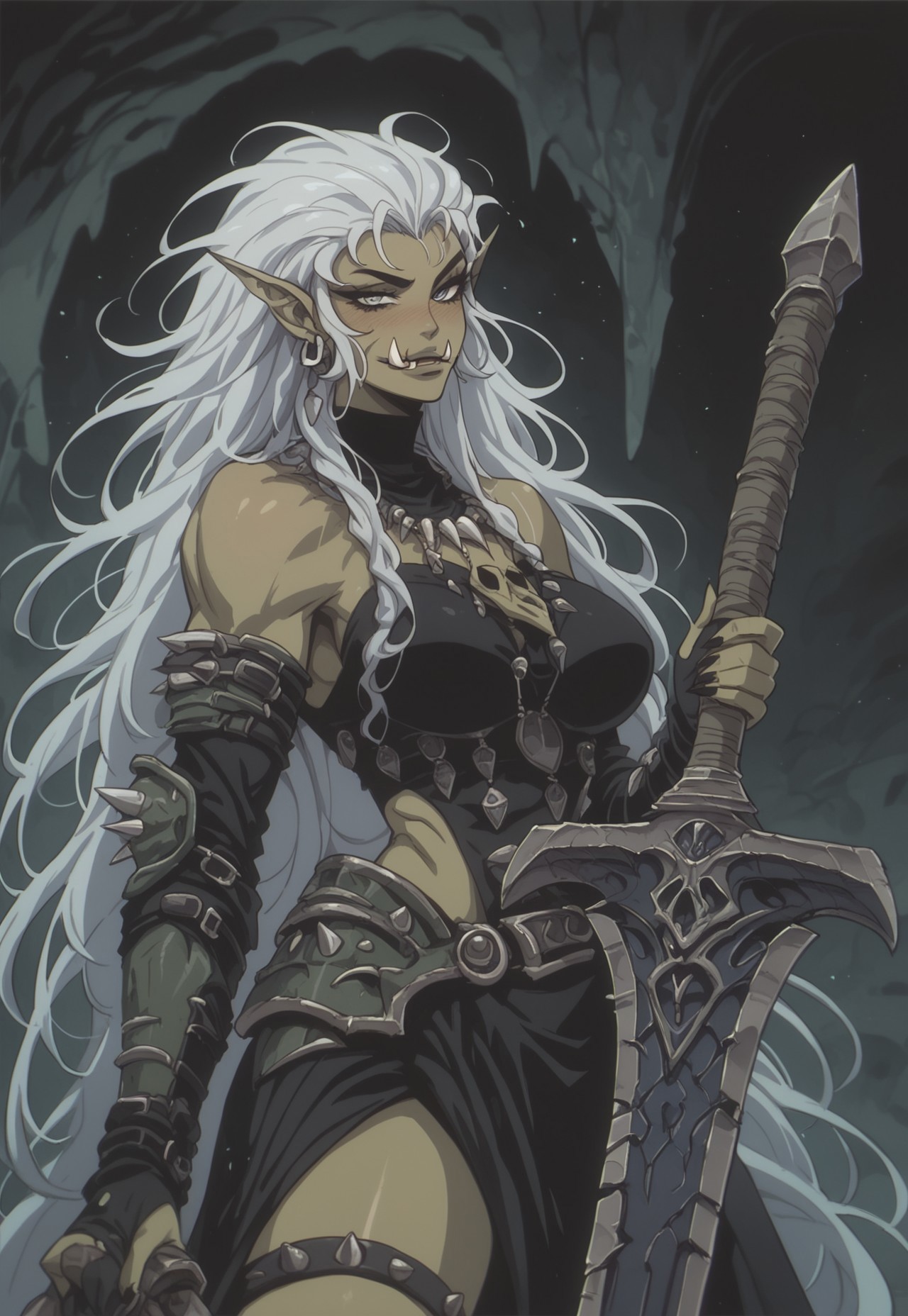 safe_pos, score_9, score_8_up, score_7_up,vintage, 1990s \(style\), ((1girl)), solo, (orc woman), (green skinned female orc:1.3), hazel eyes, retrousse pointy breasts, inside, cavern, cave, anime, parted lips, goth, smug, closed mouth, naughty, dark, at night, very long messy hair, white hair, thick black eyebrows, nose blush, orc tusks, sharp tusks, large tribal earrings, tribal necklaces, half body, pointy breasts, untucked clothes, looking at viewer, pov, big eyes, bare shoulders, ((detailed warrior armor)), ragged warrior armor, fur, rags, sloped breasts, from side, standing, legs apart, teardrop medium breasts, thick soft thighs, volutpuous curvy hips, (holding heavy greatsword hilt), (holding heavy greatsword), giant_onesided_sword, giant_long_sword, giant_wide_sword, giant_sword, pointed ears, fangs, Orc, Expressiveh