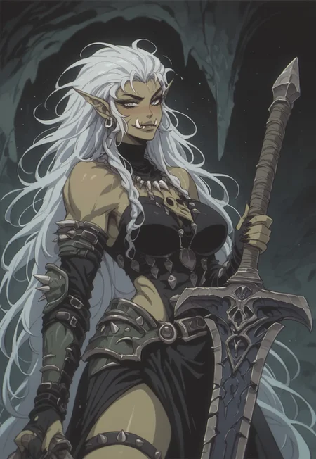 safe_pos, score_9, score_8_up, score_7_up,vintage, 1990s \(style\), ((1girl)), solo, (orc woman), (green skinned female orc:1.3), hazel eyes, retrousse pointy breasts, inside, cavern, cave, anime, parted lips, goth, smug, closed mouth, naughty, dark, at night, very long messy hair, white hair, thick black eyebrows, nose blush, orc tusks, sharp tusks, large tribal earrings, tribal necklaces, half body, pointy breasts, untucked clothes, looking at viewer, pov, big eyes, bare shoulders, ((detailed warrior armor)), ragged warrior armor, fur, rags, sloped breasts, from side, standing, legs apart, teardrop medium breasts, thick soft thighs, volutpuous curvy hips, (holding heavy greatsword hilt), (holding heavy greatsword), giant_onesided_sword, giant_long_sword, giant_wide_sword, giant_sword, pointed ears, fangs, Orc, Expressiveh