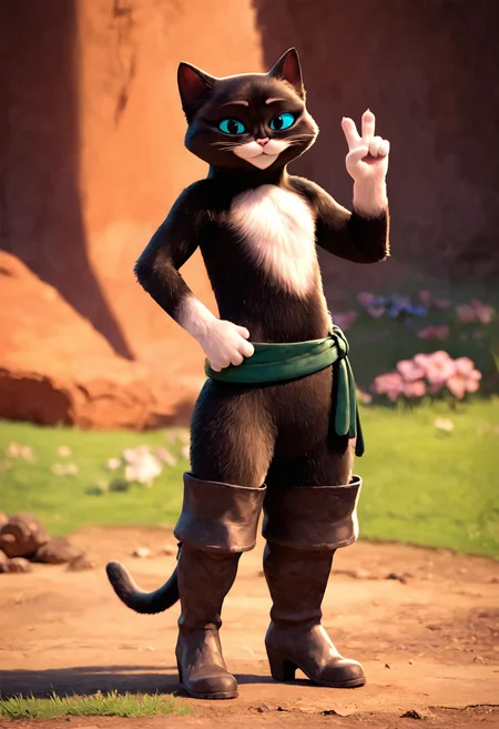 score_9, score_8_up, score_7_up, score_6_up, source_furry, BREAK
KittySoftpaws, anthro, 1girl, perfect face, black cat, two tone fur, white fur on chest, blue eyes, pink cat nose, cat ears, thick thighs, green bandage on waist, brown boots, cat tail, looking at viewer, (smile:1.2), posing, v, close up,
<lora:Dreamworks_Furry_Mix:0.75>