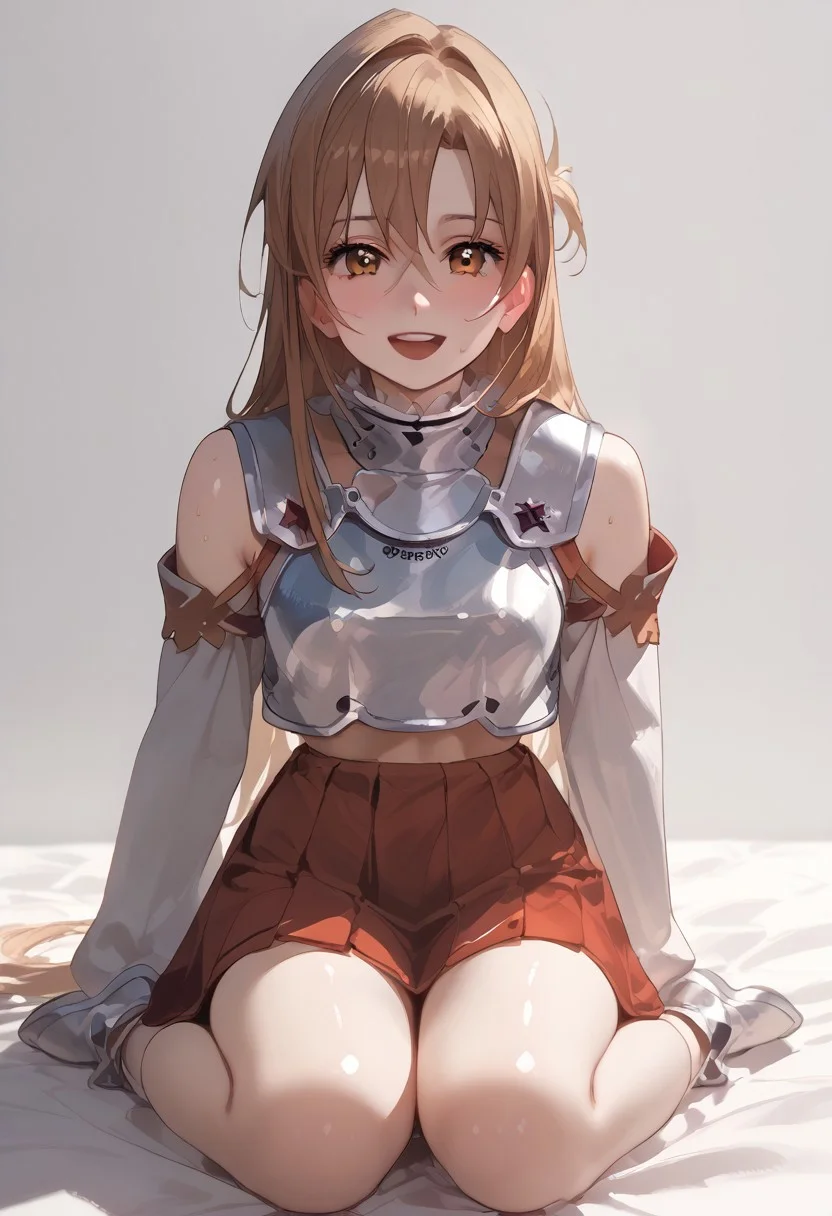 abbystea style, score_9, score_8_up, score_7_up, score_6_up, masterpiece, best quality, uncensored, rating_explicit, skurce_anime, perfect detailed face,  best aesthetics, perfect anatomy, perfect proportions, high resolution, good colors, bright skin, good shading, countershading, well detailed background, love hotel,
slim, shiny skin, sweat
BREAK, (ASAO, 1girl, full body, white thighhighs, sitting, red skirt, smile, breastplate, brown hair, looking at viewer, brown eyes, white armor, bare shoulders, detached sleeves, pleated skirt, miniskirt, large breasts, passionate, orgasm, open mouth)
BREAK, passionate, Expressiveh, detail1eye