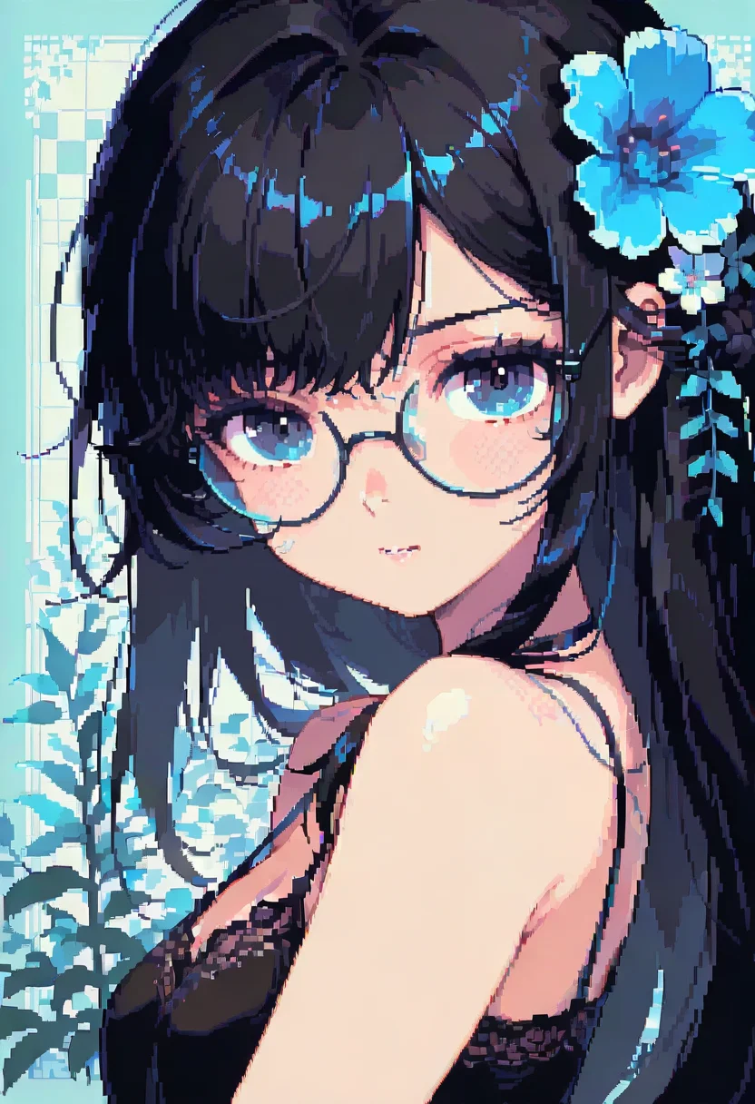 dpa,pixel art, 1girl, solo, glasses, black hair, long hair, hair ornament, flower, looking at viewer, upper body, hair flower, bangs