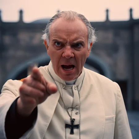cinematic film still of <lora:perfection style:0.5> <lora:detailed:0.5> perfection detailed
<lora:Clockwork Orange film style:0.9>
In a futuristic dystopian Britain an angry old man with a priest's robe pointing at something,solo,short hair,open mouth,brown hair,shirt,black hair,1boy,white shirt,male focus,teeth,blurry,blurry background,parody,portrait,meme,realistic , cinematic, film, kodak, Clockwork Orange film style, shallow depth of field, vignette, highly detailed, high budget, bokeh, cinemascope, moody, epic, gorgeous, film grain, grainy