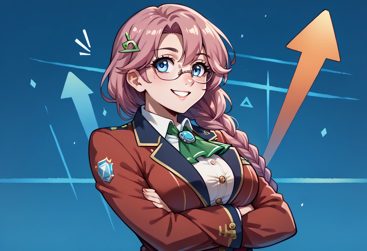score_9, score_8_up, score_7_up, 1girl, stonks, arrow (symbol), crossed arms, formal, smile, upper body, blue background, <lora:StonksMeme_pdxl_Incrs_v1:1.2>, looking to the side,   emmathors, ascot, blue eyes, braided ponytail, breasts, glasses, loafers, long hair, pink hair, pleated skirt, red jacket, single braid, thighhighs, white shirt, large breasts, <lora:emma-rebake3:0.9>, green skirt