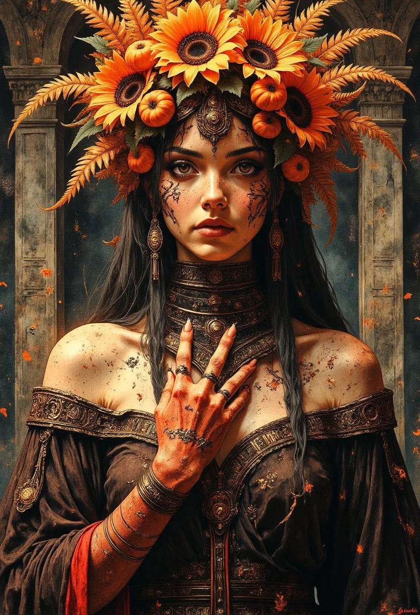 A visually stunning scene capturing the essence of beauty and emotion. Subject: A striking figure adorned with an elaborate headdress of autumnal elements, including vibrant orange ferns, golden leaves, sunflowers, and small gourds. Her face is painted with dramatic black and gold designs, with streaks extending from her piercing golden eyes, emphasizing a mysterious and ceremonial aura. She wears a rich, dark brown off-shoulder gown with intricate textures and subtle patterns, accentuated by glowing golden symbols along her neckline. Her hand is delicately poised, with long, painted nails, and her forearms are wrapped in textured fabric dyed in fiery gradients of red and gold. Background: A dimly lit stone chamber with weathered walls etched in ancient patterns. Soft, warm light from an unseen source illuminates the scene, casting gentle highlights on her headdress and gown while leaving the background in shadow. The atmosphere is rich and mystical, evoking the essence of a sacred ritual or ancient ceremony. Style: Hyper-realistic, cinematic lighting, emphasizing intricate details in textures, vibrant autumnal colors, and a mystical, ceremonial mood.