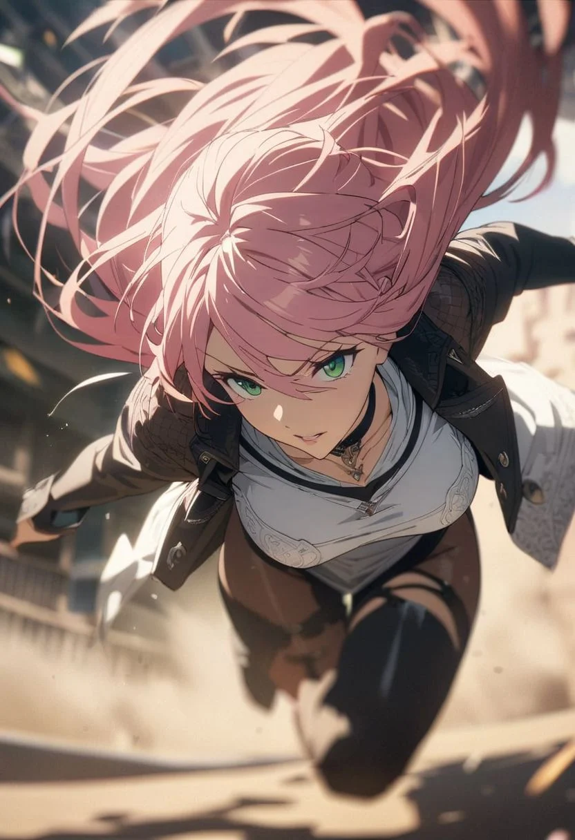 1woman, solo, long hair, pink hair, black choker, green eyes, eyeliner, gorgeous lips, cinematic, (masterpiece), (best quality), (ultra-detailed), very aesthetic, illustration, perfect composition, intricate details, absurdres, detailed face, hipattack, jumping, motion blur, depth of field, (anime, masterpiece, intricate:1.3), (best quality, hires textures, high detail:1.2), (4k),(incredibly detailed:1.4) white T-shirt with a deep neckline