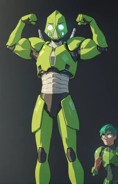 score_9, score_8_up, score_7_up, score_6_up, score_5_up, score_4_up
jevin, mech suit, glowing eyes, robot, twink, lime armor, flexing muscles
<lora:Jevin-000005:0.5>, <lora:Anime_Screencap:1>, screencap