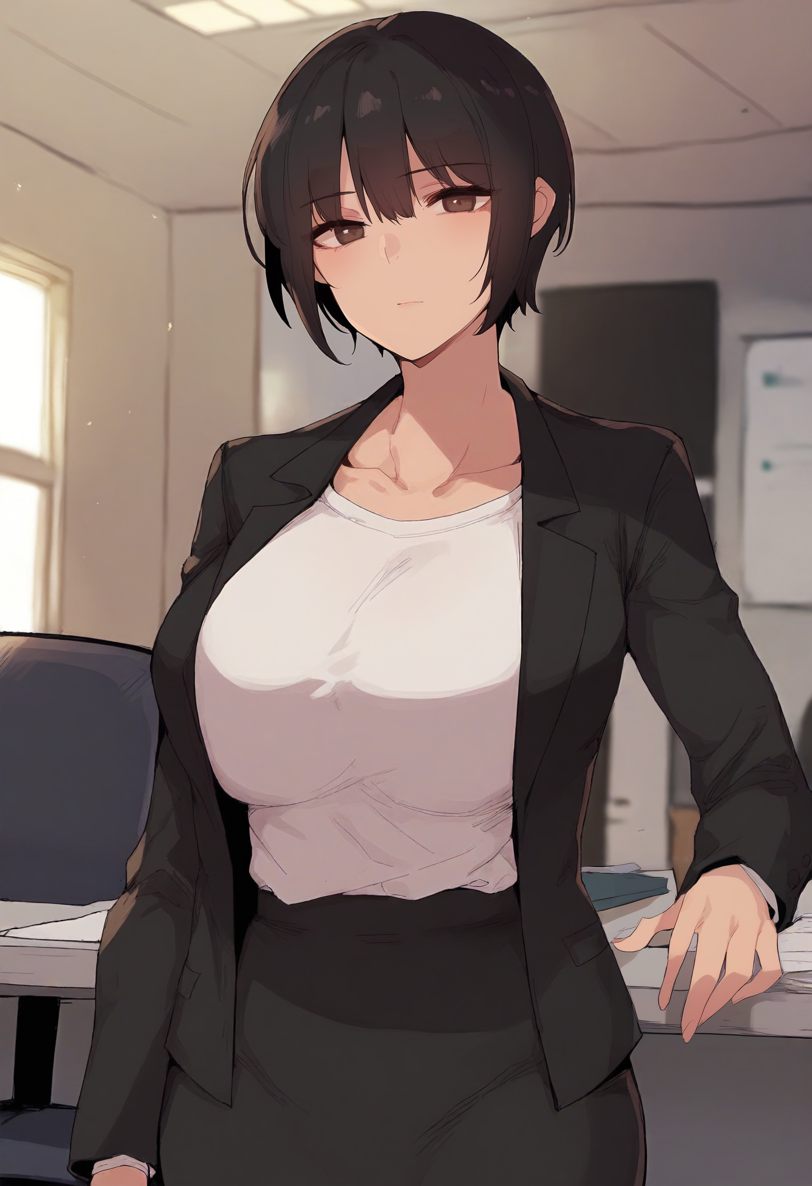 score_9, score_8_up, score_7_up, score_6_up, source_anime, rating_explicit, 1girl, solo, huge breasts,<lora:Naida prefectPonyxl:0.9> short hair, brown eyes, black hair, brown hair, tomboy, black jacket, office lady, long sleeves, white shirt, t-shirt, collarbone, black skirt, pencil skirt, expressionless, office room, indoors, looking at viewer, close-up
