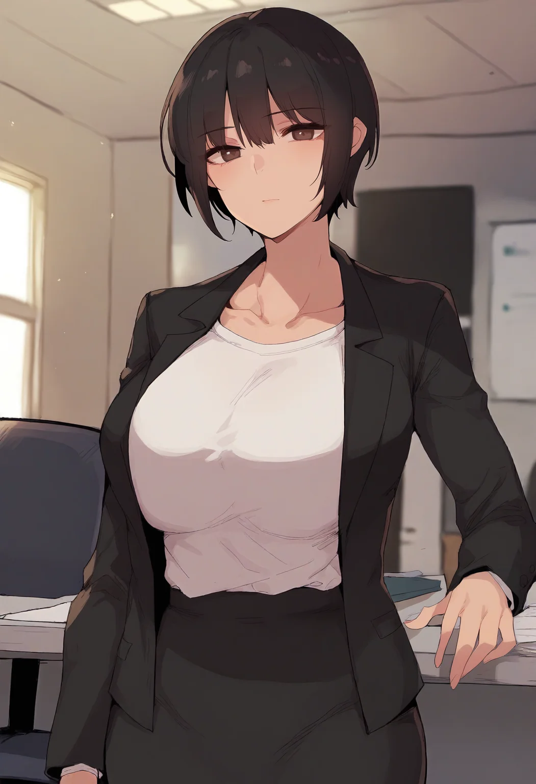 score_9, score_8_up, score_7_up, score_6_up, source_anime, rating_explicit, 1girl, solo, huge breasts,<lora:Naida prefectPonyxl:0.9> short hair, brown eyes, black hair, brown hair, tomboy, black jacket, office lady, long sleeves, white shirt, t-shirt, collarbone, black skirt, pencil skirt, expressionless, office room, indoors, looking at viewer, close-up