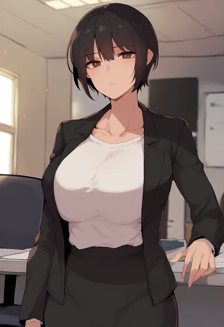 score_9, score_8_up, score_7_up, score_6_up, source_anime, rating_explicit, 1girl, solo, huge breasts,<lora:Naida prefectPonyxl:0.9> short hair, brown eyes, black hair, brown hair, tomboy, black jacket, office lady, long sleeves, white shirt, t-shirt, collarbone, black skirt, pencil skirt, expressionless, office room, indoors, looking at viewer, close-up
