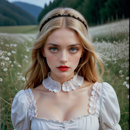 woman that radiates both sophistication and warmth, outside in field of wildflowers, very long blonde hair, white neck ruffle collar, white lace panty, high heels, thigh highs, blung bangs, black mascara, black eyeliner, red glossy lipstick, red blushing cheeks,, peter lindbergh, tim walker, richard avedon, Irving Penn, alexander mcqueen, steven klein, steven meisel, highly detailed, high budget, cinemascope, 35mm film, stained, epic, sharp focus, film grain, grainy, 4ng3l face, eiglrmakeup,
<lora:SDXL_BetterFaces-LoRA_v1:.3>
<lora:EGirlMakeup_XL:.25>
<lora:add-detail-xl:1> <lora:c41_zenit_kodakgold_SDXL:1>