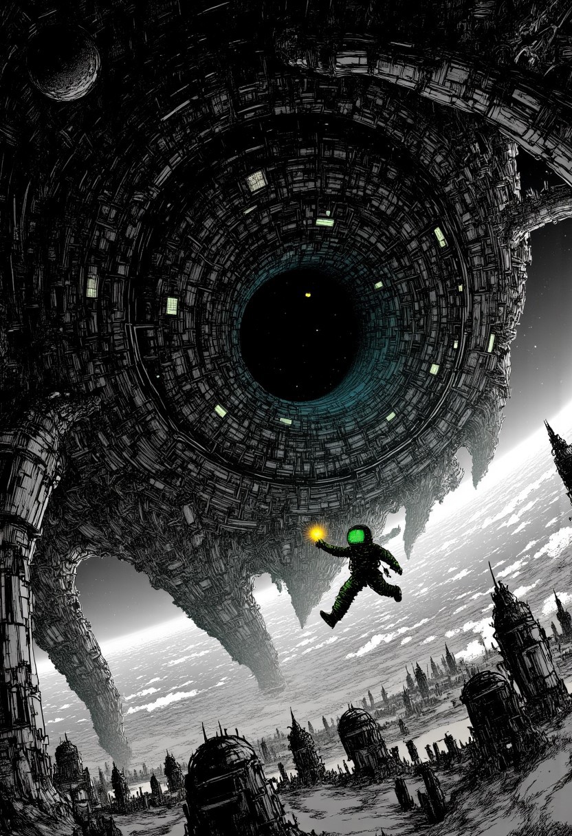 Nistyle, Drifting silently through the vast emptiness of space, a lone astronaut hovers weightlessly amidst the wreckage of a shattered spaceship. His suit, torn and battle-scarred, glimmers faintly in the distant starlight. The visor of his helmet reflects the eerie, haunting sight of a nearby black hole, its swirling, infinite darkness pulling in the scattered debris like a cosmic whirlpool. Yet, beneath the reflection, barely visible, are his wide, terrified eyes. Surrounding him, fine, delicate linework captures the weightlessness of the floating metal shards, wires, and fractured panels. In the background, a massive alien structure looms—a colossal, forbidden space station carved from dark, jagged stone, adorned with cryptic, glowing symbols that pulse rhythmically, as if alive.
The astronaut reaches out with a trembling hand, a faint green aura enveloping his fingertips, as though some unseen force is drawing him toward the station. The black-and-white manga style renders the scene with sharp, intricate detail, emphasizing the cold, infinite void and the stark contrast between the astronaut’s fragile form and the menacing unknown. The dark void swallows all sound, leaving only the oppressive silence of space, broken only by the distant hum of the alien construct. The entire composition feels suspended in a moment of desperate, eerie calm before an inevitable, catastrophic pull into the abyss.