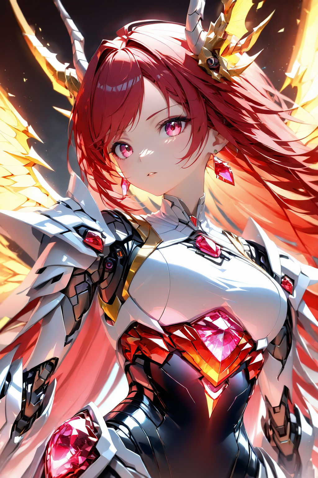 Jed-rbt, Dragon girl, 1girl, dragon horn, Red hair, forehead jewel, Electromancer, energy wings, Red gemstone, Ruby \(gemstone\), (Depth of field hdr 8k 4k wallpaper cinematic angle, cinematic lighting:1.2), [(Neon background:1.2)::0.2], (gradient background:1.2), newest, highres, illustration, incredibly absurdres, ultra detailed, masterpiece, best quality, [<lora:detailed_notrigger:0.95>::0.5], [:<lora:loraeyesxl:1.05>:0.5], <lora:RoboStyle:1> <lora:aesthetic_anime_v1s:1.2>