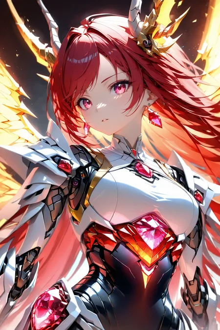 Jed-rbt, Dragon girl, 1girl, dragon horn, Red hair, forehead jewel, Electromancer, energy wings, Red gemstone, Ruby \(gemstone\), (Depth of field hdr 8k 4k wallpaper cinematic angle, cinematic lighting:1.2), [(Neon background:1.2)::0.2], (gradient background:1.2), newest, highres, illustration, incredibly absurdres, ultra detailed, masterpiece, best quality, [<lora:detailed_notrigger:0.95>::0.5], [:<lora:loraeyesxl:1.05>:0.5], <lora:RoboStyle:1> <lora:aesthetic_anime_v1s:1.2>