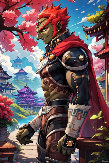 score_9, score_8_up, score_8,   BREAK, , ,,, (upper body), shiny armor, dark atmosphere,  zzGanondorf, 1boy, red hair, dark skin, armor, gloves, jewelry, muscular, shoulder pads, short hair, cape, muscular,   aura,  <lora:Ganondorf_OoTZelda_PDXL:0.8>,   ,,,, BREAK, sitting on bench, side view, smile, looking at viewer, cowboy shot,  ,,, BREAK, pnkBldng, sky, day, cloud, tree, blue sky, building, architecture, east asian architecture,  ,,, BREAK, embedding:zPDXL, Expressiveh,  ,,, <lora:PinkBuildingsPDXL_v2:0.6>, <lora:SDXLFaeTastic2400:0.5>, <lora:Expressive_H-000001:0.4>