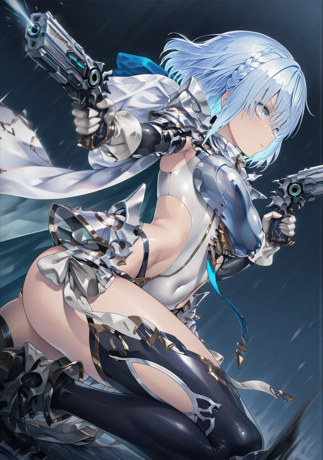 masterpiece,best quality,amazing quality,dark background,
dryzensv,1girl,blue hair,solo,blue eyes,covered navel,braid,short hair,bangs,
thighhighs,gloves,armor,shoulder armor,side cutout,leotard,hood,
<lora:dryzensv:1>,aiming,from side,holding gun,dual wielding,handgun,on one knee,(motion blur:1.2),shooting,dynamic pose,dutch angle,