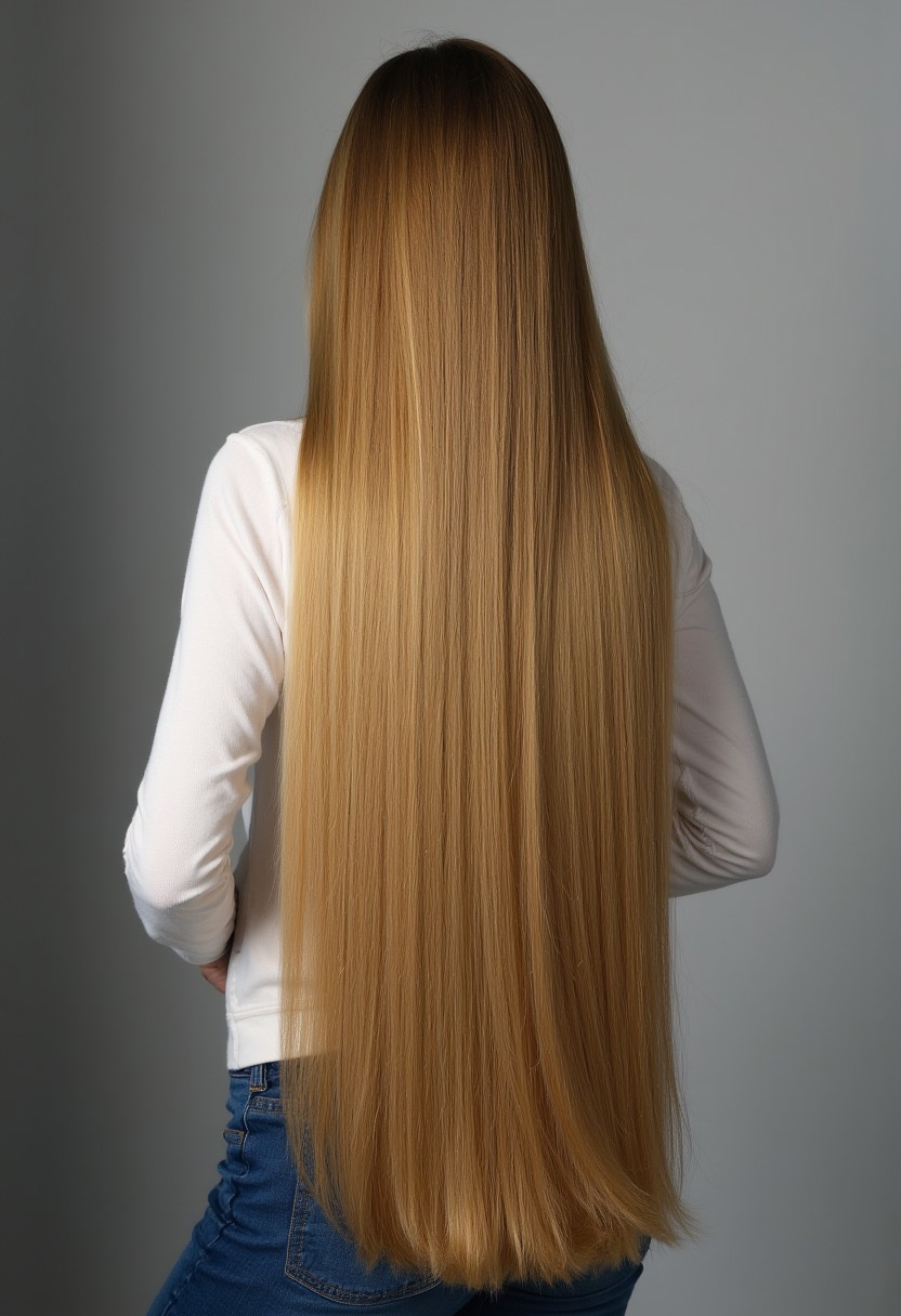 view from behind, neat hair, very long hair, straight hair, tall, golden blonde hair, extremely thick hair, shiny hair, thick hair, long legs, jeans, tiny waist, big ass, toned and fit body