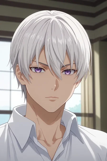 score_9, score_8_up, score_7_up, , rating_safe, , anime screencap, , , looking at viewer, depth of field, 1boy, solo, male focus, <lora:eishi_tsukasa_pony:0.74>, eishi_tsukasa, white hair, purple eyes, short hair, hair between eyes, , , <lora:sdxl_lightning_8step_lora:1>