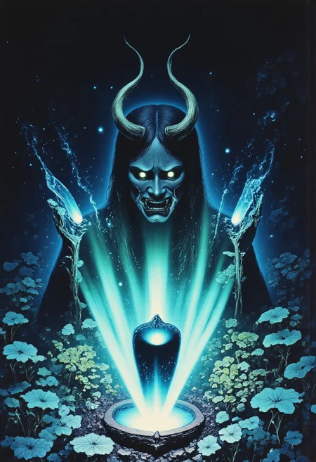 ArsMovieStill, movie still from a 1970s horror movie Studio Ghibli Dark Fairytale depicting a cursed hannya mask with horns and fangs blooming out of a blue lotus in a liminal bonsai garden with eerie radiating cyan and magenta miasma satyr